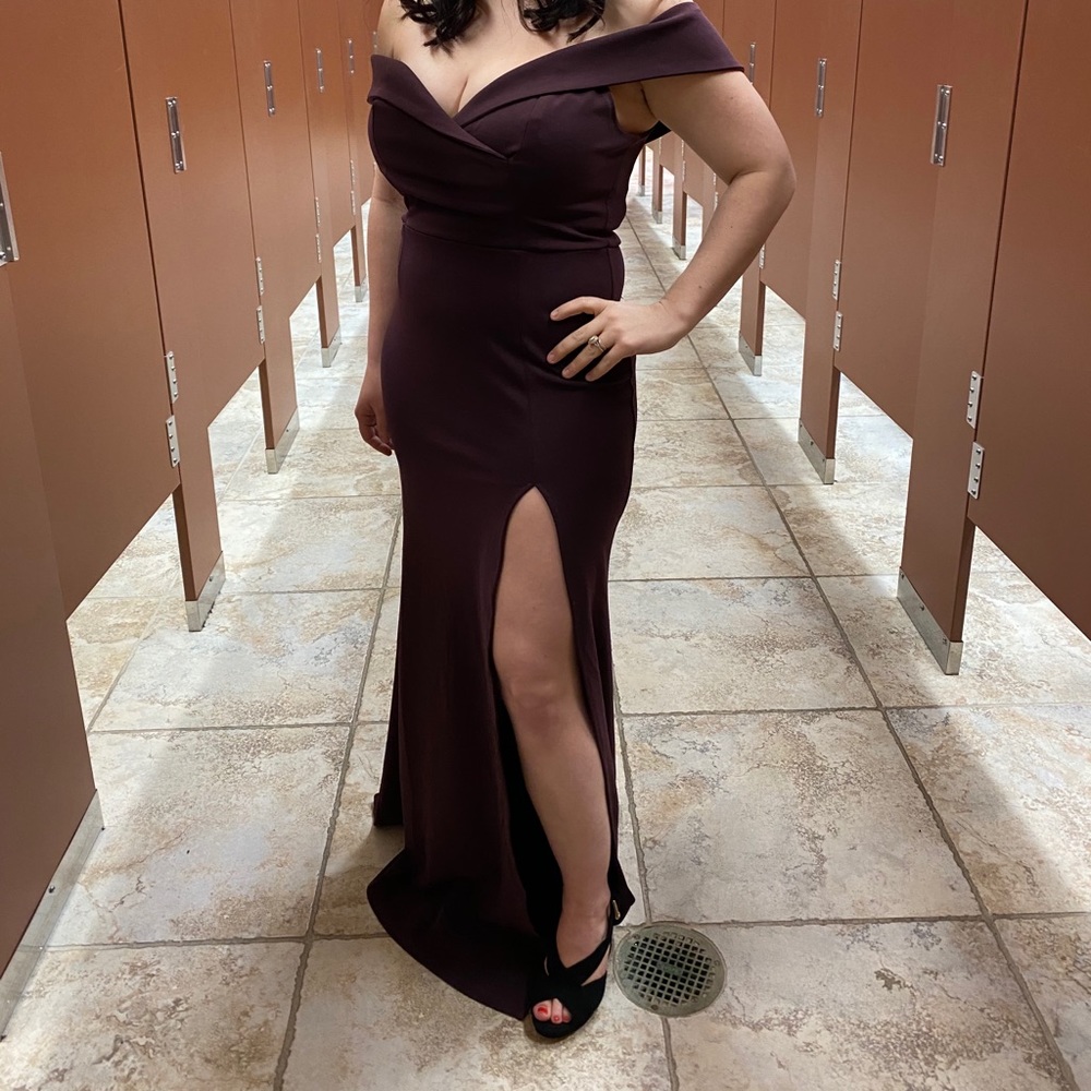 Burgundy off the shoulder formal dress